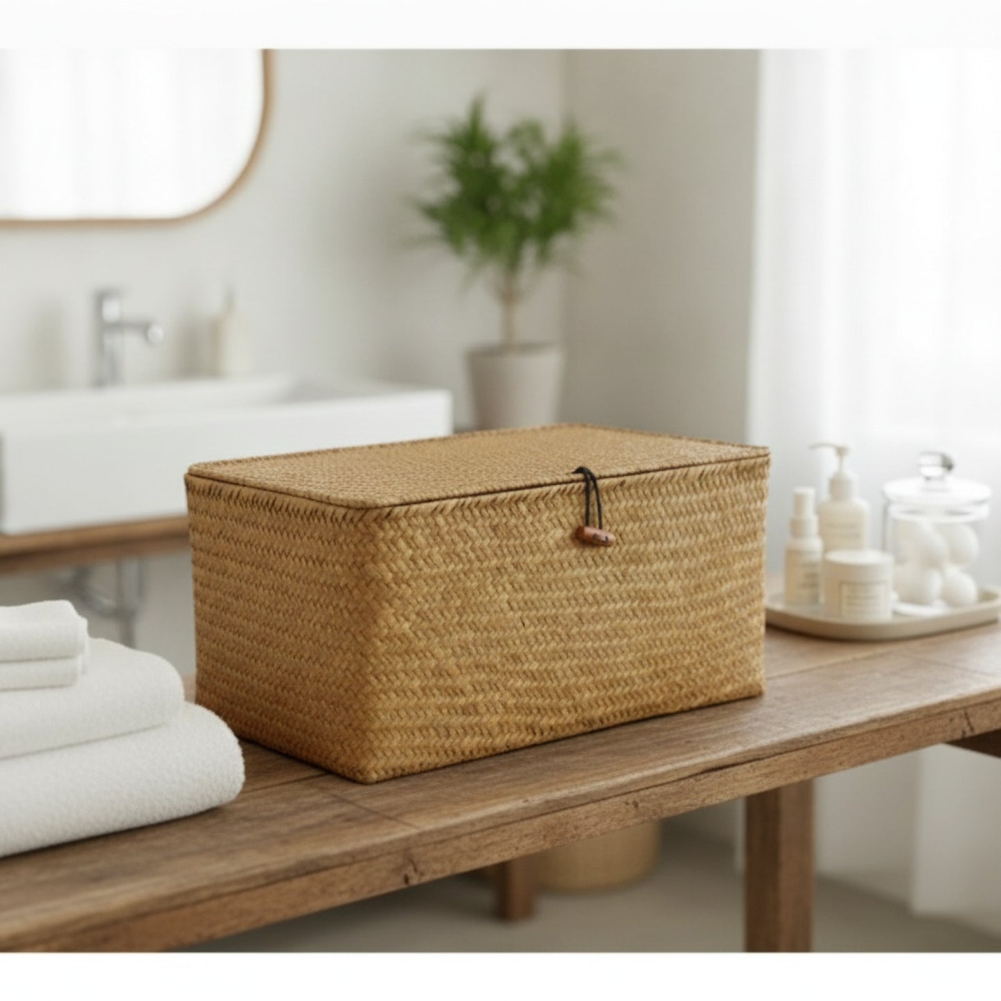 Panier de Rangement Tissé en Jonc de Mer Fait Main avec Couvercle - Idéal pour Cosmétiques, Serviettes et Divers