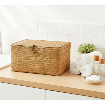 Panier de Rangement Tissé en Jonc de Mer Fait Main avec Couvercle - Idéal pour Cosmétiques, Serviettes et Divers
