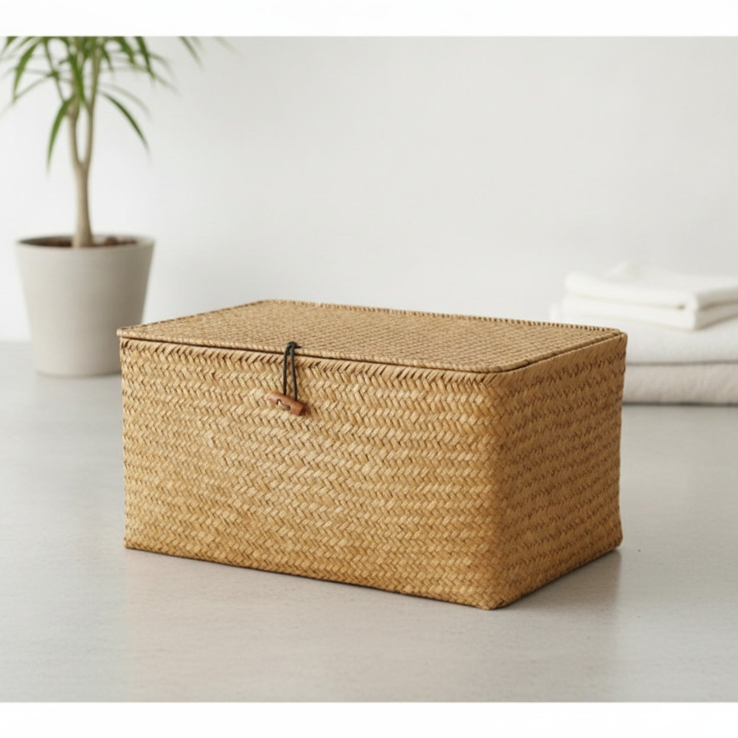 Panier de Rangement Tissé en Jonc de Mer Fait Main avec Couvercle - Idéal pour Cosmétiques, Serviettes et Divers