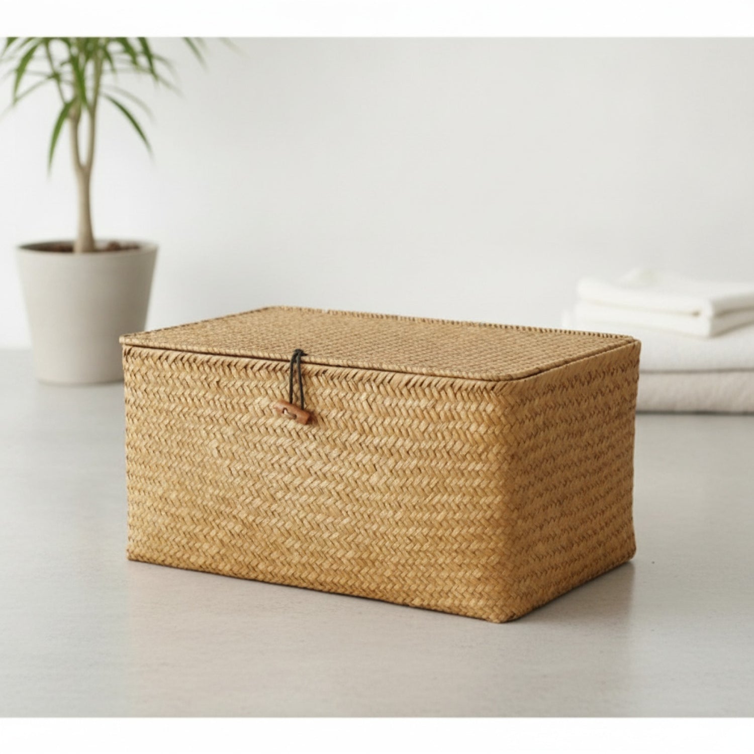 Panier de Rangement Tissé en Jonc de Mer Fait Main avec Couvercle - Idéal pour Cosmétiques, Serviettes et Divers