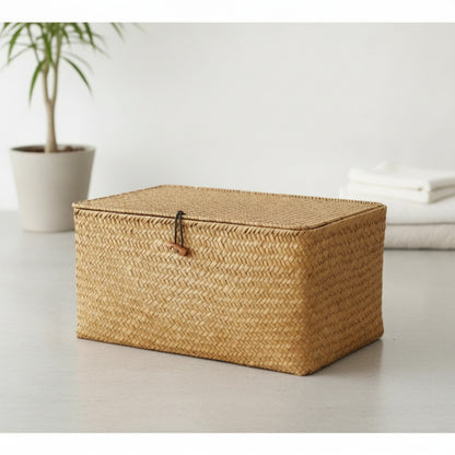 Panier de Rangement Tissé en Jonc de Mer Fait Main avec Couvercle - Idéal pour Cosmétiques, Serviettes et Divers