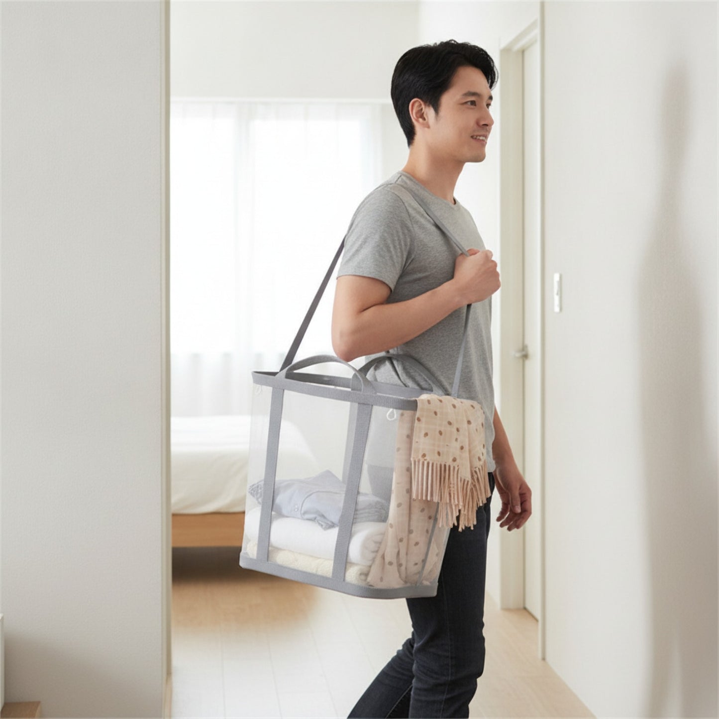 Panier à Linge Pliable en Maille – Sac Multiusage Respirant pour Linge, Plage et Voyage